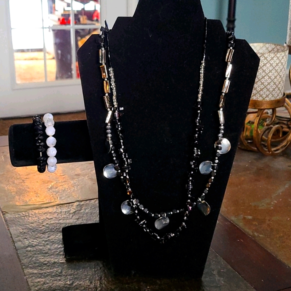 Beaded double strand necklace and bracelets